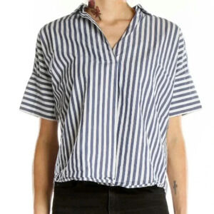 Madewell Courier Pleated Button Top Back Blue White Striped Small Top Shirt